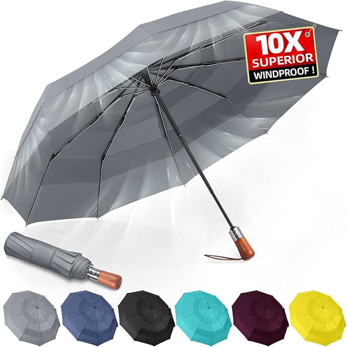 Umbrellas for Rain, 47" Large Windproof Travel Umbrella, Triple-Layer Vented Canopy, 10 Fiberglass Ribs, Auto Open Close Compact Umbrella, Wooden Handle, Heavy Duty for Commute, Gifts for Men & Women