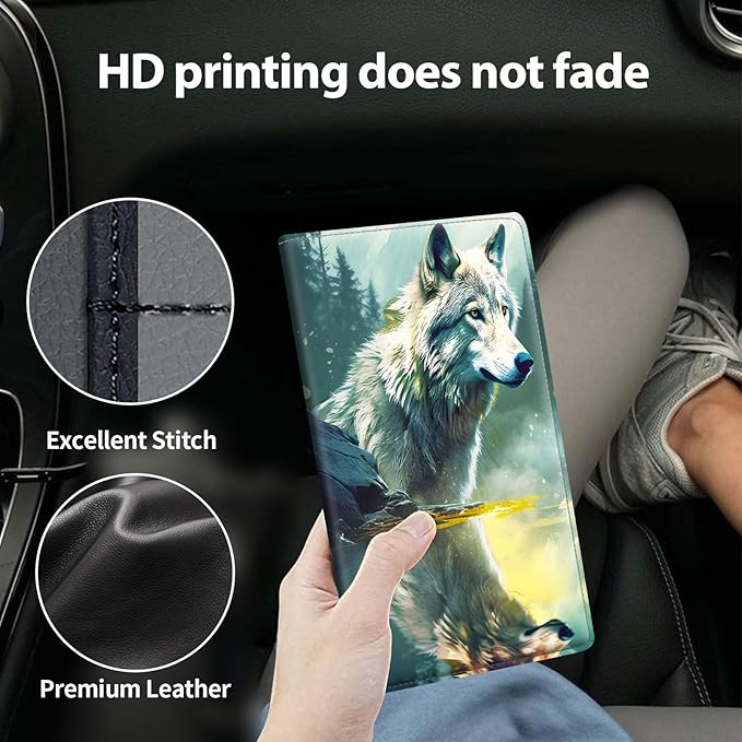 Car Registration & Insurance Holder, Leather Glove Box Organizer, Cool Accessories for ID, Driver's License Cards & Essential Documents, Business Cards, Men & Women, Forest Wolfs