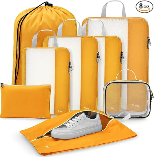 Gonex 8 Set Expandable Mesh Packing Cubes for Travel - Compression Packing Organizers with Toiletry, Laundry, Shoe & Cable Bags - Orange