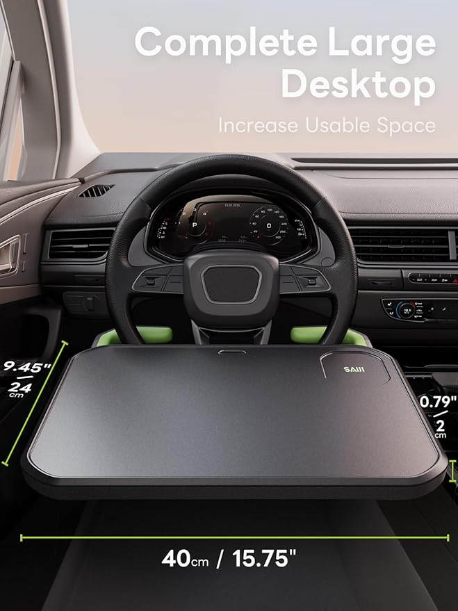 SAIJI Car Steering Wheel Desk with Retractable Slot, Car Food Tray with Anti-Scratch Silicone Steering Wheel Slot, Car Table Tray for Eating with Cup Holder, Multifunctional Travel Car Accessories