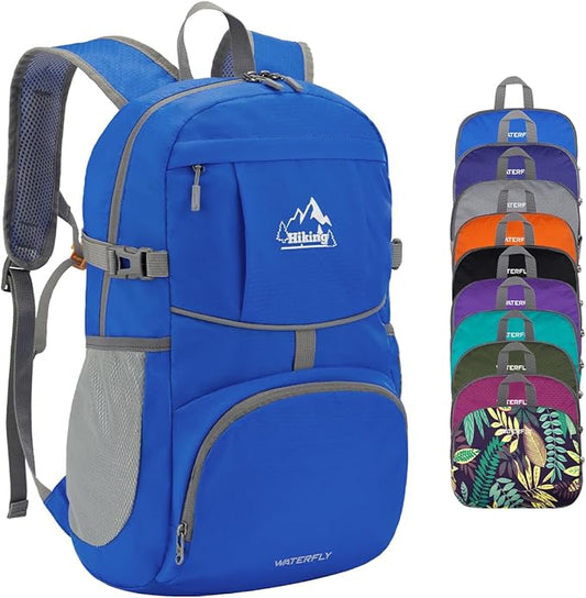 WATERFLY Hiking Packable Daypack Backpack: 25L Ultra Lightweight Day Pack for Woman Man - Small Compact Folding Back Pack for Outdoor Sport Cycling Camping Travel Trip - Blue