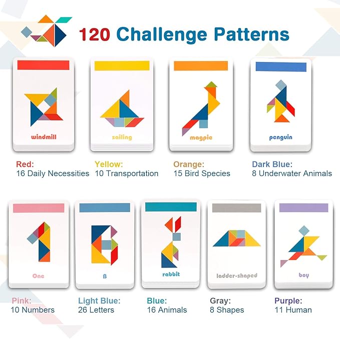 Vanmor Wooden Tangrams Sets Pattern Blocks, Shape Card Brain Teaser Puzzles Educational Toy, Travel Games for Kids Ages 4-8 Road Trip Essentials