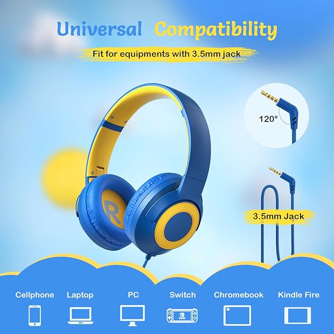 Kids Wired Headphones with Microphone, Volume Limited to 85/94dB, Foldable 3.5mm Jack Headset for Girls, Pink Over-Ear Headphones for School, Study & Travel, Includes Carry Case（Blue）