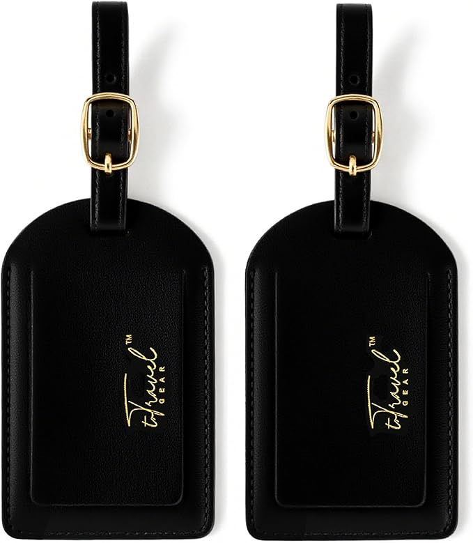 Luggage Tags for Suitcases,2 Pack PU Leather Privacy Protection Bag Tags Travel Accessories Essentials,Black