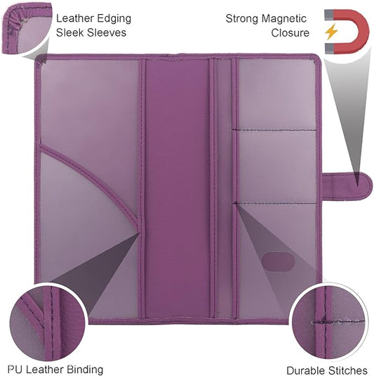 Car Registration and Insurance Holder, Leather Magnetic Shut Vehicle Glove Box Organizer for Document, Card, Driver License, Purple