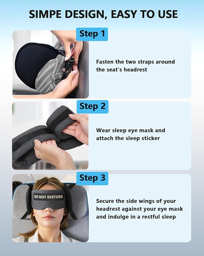 Travel Pillows for Airplanes, Plane Pillow with Eye Mask for Long Flights Sleeping, 360° Support Airplane Head Strap Compact Flight Essentials for Travel Sleep Neck Upright, Stop Bobblehead (Grey)