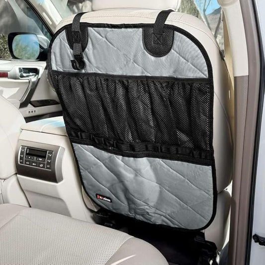 4Knines Car Seat Back Organizer – Heavy-Duty Kick Mat w/Mesh Storage Pockets, Bottle Hook – UV-Resistant Hardware – Waterproof Backseat Organizer for Kids & Pets – Fits SUVs, Trucks, Cars – Grey