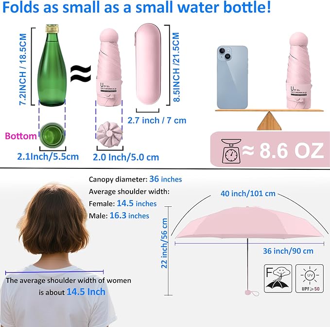 BAODINI Travel Essentials Mini Umbrella for Purse With Case Small Compact UV Sun Protection Lightweight Tiny Pocket Manual Open Close Umbrella for Women Kids and Men Fit Purse Backpack