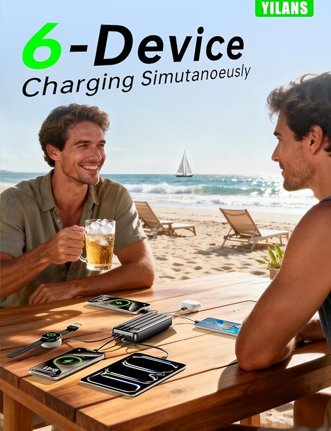 Portable Charger,50000mAh Power Bank Built-in Cable, 22.5W PD USB C in & Out Fast Charging, External Battery Pack with 6 Output & 2 Input, Travel Essential for iPhone 17/16/15/14/13/12-Grey