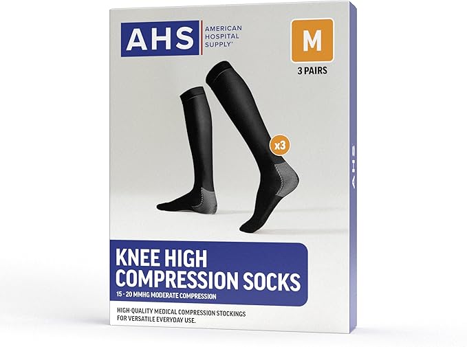 American Hospital Supply – Knee High Compression Socks – 15–20 mmHg, Black, Medium – Lightweight Medical Stockings for Daily Wear – Pack of 3 Pairs