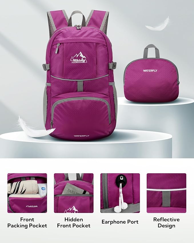 WATERFLY Hiking Packable Daypack Backpack: 25L Ultra Lightweight Day Pack for Woman Man - Small Compact Folding Back Pack for Outdoor Sport Cycling Camping Travel Trip - Rose red