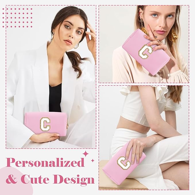 Personalized Initial A-Z Preppy Patch Makeup Bag,Small PU Chenille Letter Cosmetic Bag with Zipper for Teen Girls,Pink Cute Toiletry Organizer Bag,Monogram Makeup Case Gift for Women Girls,Letter C