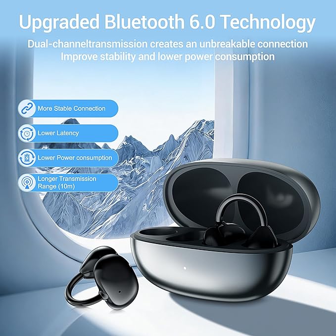 Open Ear Clip on Earbuds Wireless Bluetooth 6.0 Wireless Clip On Earbuds Charging Case 80 Hours Playtime Sport Earphones Built-in Mic IPX7 Waterproof for Running Fitness