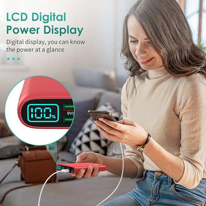 Portable Charger 38800mAh,LCD Display Power Bank,5 USB Outputs Battery Pack Backup, USB-C 3A in&out Travel Essential Portable Phone Charger For iPhone 17/16/15/14/13 Pro/12,Android Samsung Galaxy-Red