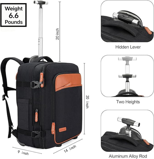Lumesner Rolling Backpack for Men and Women, Extra Large 42L Travel Backpack with Wheels, 17.3 Inch Carry-On Laptop Bag with 4 packing cubes for Business and Work, Large Capacity Rolling Bag, Black