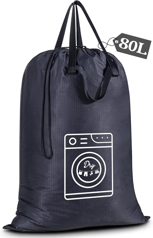 MissBoy Heavy Duty Laundry Bag, Machine Washable Nylon, Splash-Resistant Dirty Clothes Storage Bag with Drawstring & Handles丨Lightweight, Foldable & Space-Saving for College Dorm,Vacations&Trips, 80L