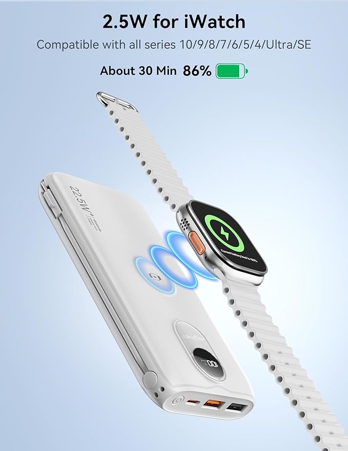 Portable Charger, 10000mAh 22.5W Fast Charging Power Bank with Built in Cable & Wall Plug, Travel Essential Battery Pack with LED Display, External Charger for iPhone, iWatch 11/10/9/8/Ultra/SE White
