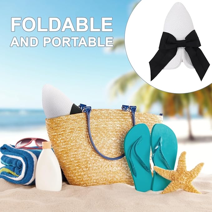 DRESHOW Sun Hats for Women Travel Fedora Foldable Beach Sun Hat Summer Wide Brim Straw Bucket Hat with Bowknot UPF 50+