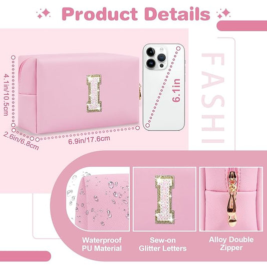 Small Personalized Initial A-Z Patch Makeup Bag,Pink Cute PU Leather Glitter Letter Cosmetic Bag for Teen Girls,Travel Toiletry Bag with Zipper,Preppy Monogrammed Birthday Gift for Daughter Niece I