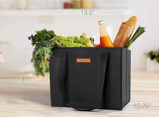 Gramercy Premium Large Reusable Grocery Bags, Heavy Duty 4 Pack – Foldable Shopping Tote Bags With Handles, Washable and Reinforced With Thick Bottom and Sides (Black, 4pcs)