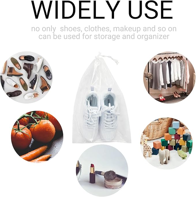 100 Pack 12x18 inch Plastic Drawstring Bags Transparent Shoe Bags for Travel Large Clear Shoes Storage Organizers Pouch with Cotton Draw Strings Shoe Dust Bags