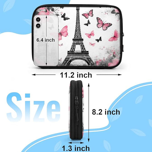 Paris Eiffel Tower Travel Cable Organizer Pouch Pink Butterfly Rose Electronics Accessories Carry Case Portable Water Resistant Storage Bag for Cord Charger Phone Earphone SD Card