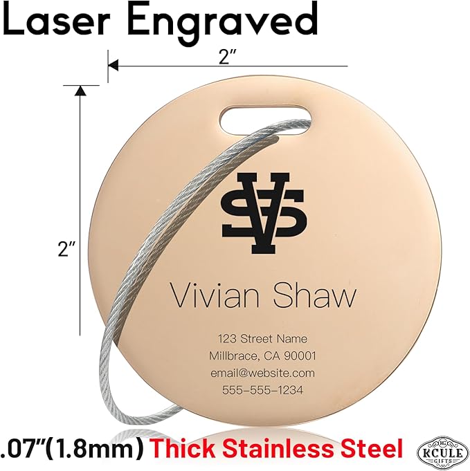 Personalized Luggage Tags for Suitcases - Stainless Steel Custom Luggage Tags for Backpacks & Bags, Sturdy, Waterproof & Heavy Duty (Rose Gold/Round)