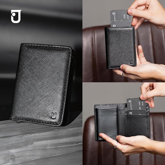 Vincenzo Smart Wallet For Men: Full Grain Leather, Handcrafted, Slide Metal Pop Up Case, Slim RFID Blocking Credit Card Holder, Minimalist, Compact, Front Pocket - 8-12 Organizers | Money Clip (Black)