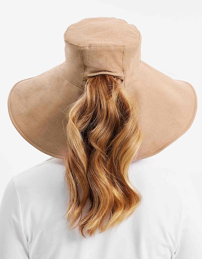 Solbari Women’s Ultra-Wide Cotton Linen Sun Hat UPF 50+, Packable, Adjustable with Ponytail Hole for Travel, Beach & Outdoors
