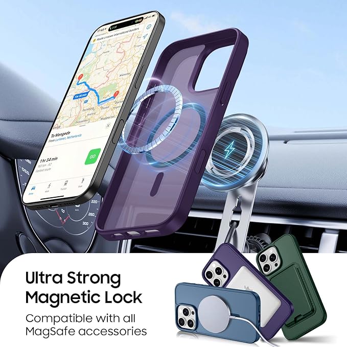 Ntwinro Magnetic for iPhone 16 Pro Case (Compatible with MagSafe) with Detachable Wallet & Card Holder for 3 Cards [RFID Blocking] Military Grade Protective Slim Phone Cover, Purple