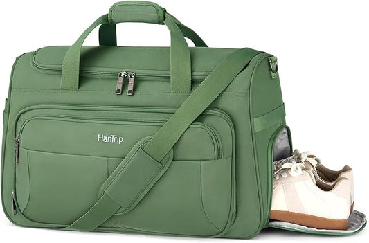 HanTrip Carry on Duffel Bag Foldable Duffle Bags for Travel, Large Personal Item Bags for Airplanes, Weekender Overnight Mens Travel Tote Bag for Women Softside Carry on Luggage (Forest Green)