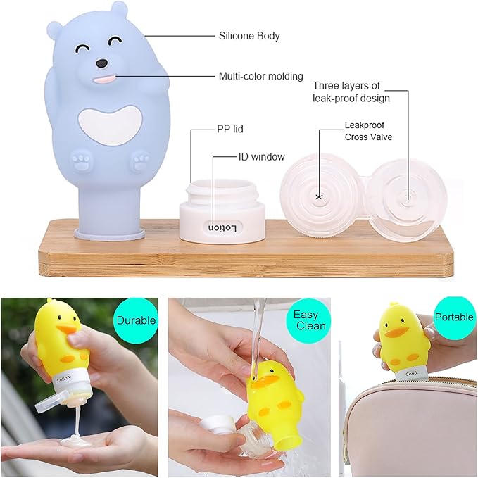 Cute Silicone Travel Size Bottles Set for Toiletries, BPA Free, Leak Proof Squeezable Travel Containers With Built-in Labels, TSA Approved Refillable Travel Essentials Accessories (4pcs)