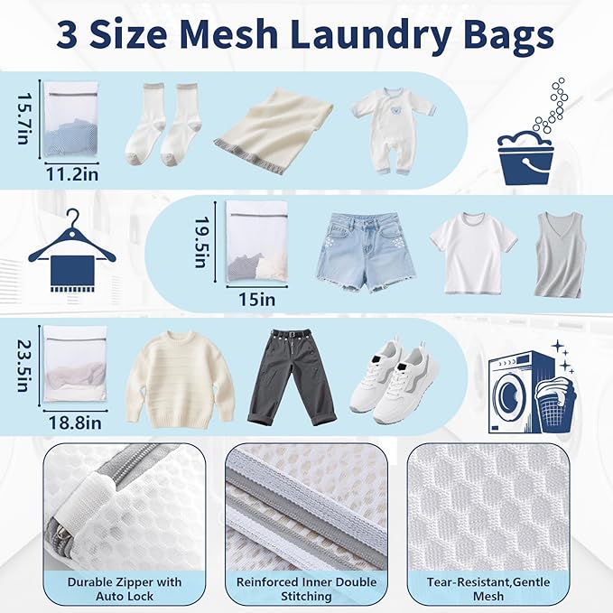 Laundry Bag Backpack with 3 Sizes Mesh Wash Bags and Shoulder Straps Foldable Clothes Hamper Bag with Drawstring Closure for College, Apartment, Laundromat (Light Blue)