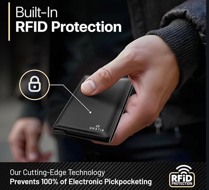 GRATIA Slim Wallet for Men - RFID Blocking, Minimalist Credit Card Holder, Stylish Men Wallet for Security & Convenience, Front & Back Pocket Cardholder, Holds 8 Cards (Black)