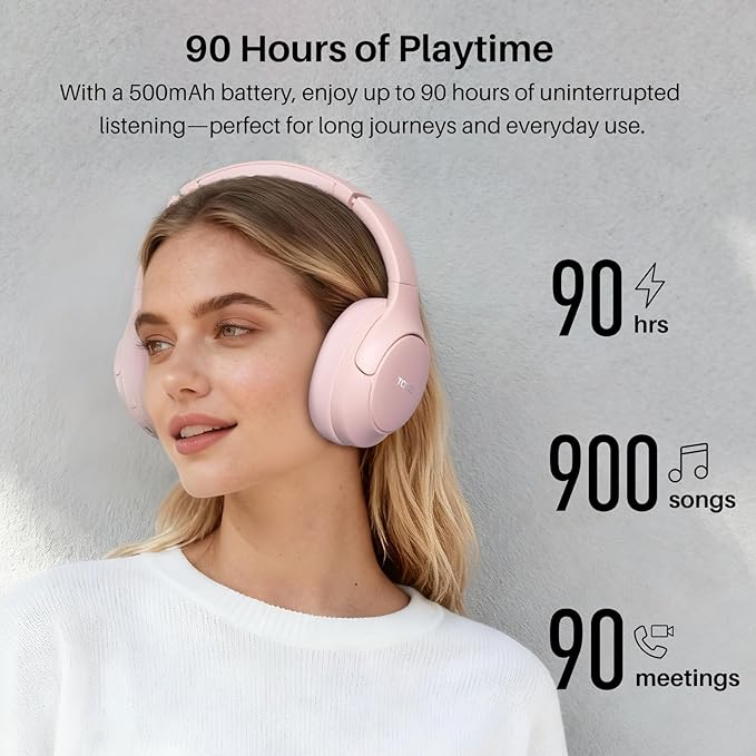 TOZO HT3 Hybrid Noise Cancelling Headphones, 90H Playtime Wireless Over Ear Bluetooth Headset, Spatial Audio AI Chat with 5 Mics, Supports Dual Connection and USB-C Input, with 32 EQ Music Modes