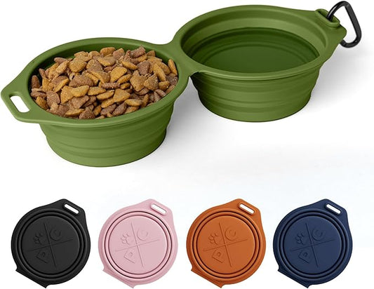 Pup Culture Dual Collapsible Dog Bowls | Silicone Travel Water Bowl for Dogs | Food Grade, No Plastic Rim, Portable Dog Bowl for Food and Water - Easy to Clean | BPA Free and Safe for Your Pup-Green