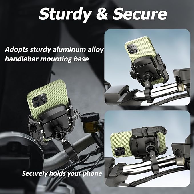 Bike Motorcycle Phone Mount with Aluminum Alloy Mounting Base, [1s Lock & Release] [No Block Camera] Bicycle Handlebar Cell Phone Holder for Scooter ATV, Fit 5.4-7.2" Smartphone