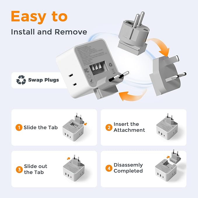 TESSAN European UK Travel Plug Adapter Kit, Universal Detachable Travel Adapter with 3 USB (1 PD 20W) and 3 AC Outlets, Type C G E F Europe Ireland Power Adaptor, US to EU Italy France Greece Spain