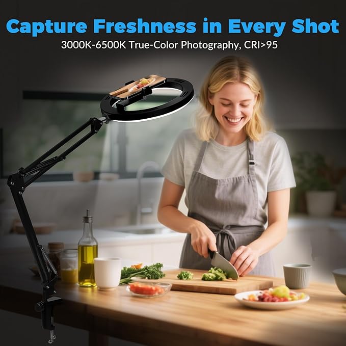 10" Overhead Ring Light with Phone Mount, Upgraded 360° Ring Light with Stand, 3 Color Modes for Video Recording, TikTok, YouTube, Cooking & Zoom, Camera, Universal for iPhone/Android