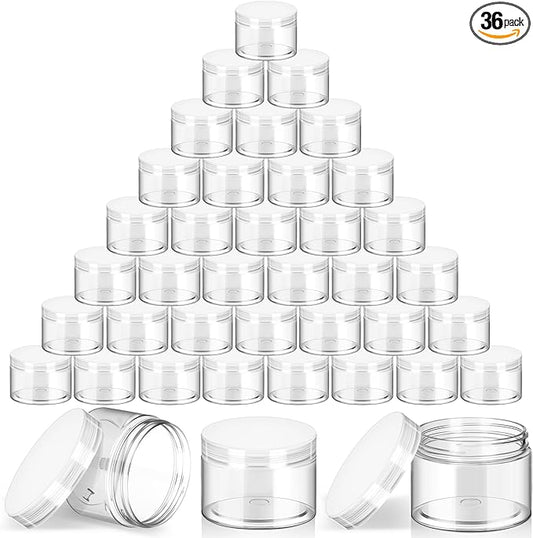 SATINIOR 36 Pieces 4 oz Plastic Jars with Lids Wide Mouth Airtight Reusable Container Acrylic Cosmetic Small Jars for Lotions Ointments Travel Toiletries Creams Make up Storage(Clear)
