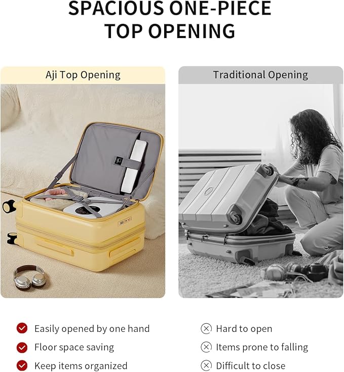 aji Expandable Top Open Carry On Luggage 22x14x9 Airline Approved, 20 Inch Hard Shell Carry On Suitcase with Spinner Wheels,Travel Small Luggage for Women Men,Cheese Yellow