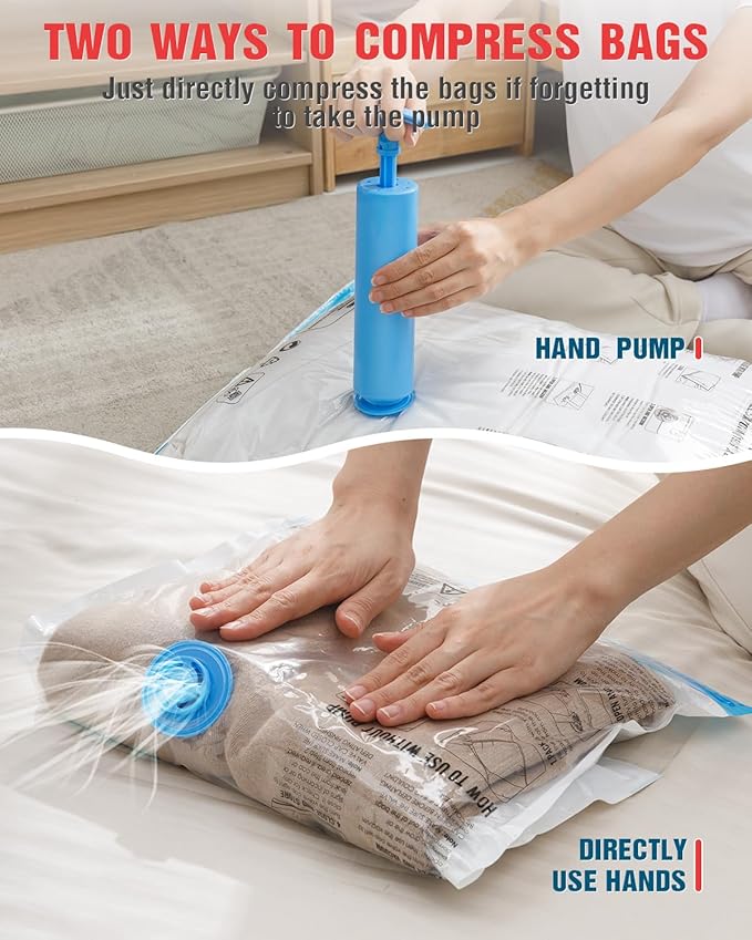 Travel Vacuum Storage Bags with Hand Pump, 16 Pack (4L+4M+4S+4XS) Vacuum Seal Bag Travel Essentials Space Saving Bags for Clothes, Luggage, Carry-on Suitcase, Backpack, Holiday Business Trip