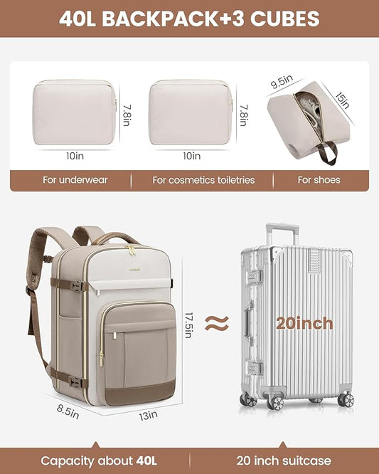 LOVEVOOK 40L Travel Backpack for Women & Men - 17.3 Inch Carry On Backpack & Personal Item Backpack for Airlines, Spacious and Durable Design, with 3 Packing Cubes