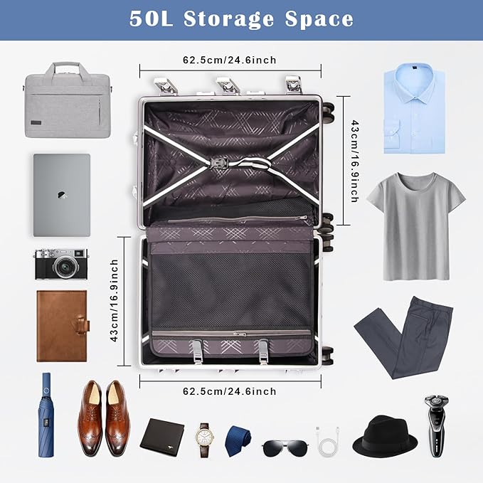 DOMINOX All Aluminum Carry On Luggage Hard Shell Luggage Aluminum Suitcase for Travel Zipperless Luggage Checked Luggage with Silent 360° Spinner Wheels 26 In. (Vertical Grain Style, Sliver)