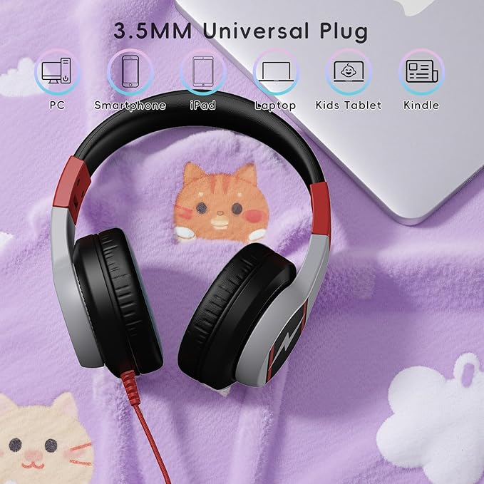 Kids Headphones, Wired Headphones for Kids Over Ear with Microphone, 85/94dB Volume Limiter Headphone for Girls Boys, Foldable Headphone for Learning & Entertainment, Black and Red