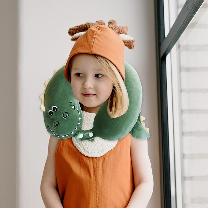 Sexysamba Cartoon Headrest & Neck Pillow for Kids Boys & Girls, Teens, Travel Accessories for Airplane, Car, Recline, Memory Foam Cute Travel Pillow with Sleep Eye Mask - Dinosaur