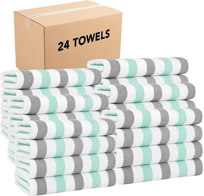 Arkwright Cabo Cabana Stripe Beach Towel Bulk - Case of 24 - Large Soft Quick Dry Cotton Terry Towels for Pool, Swim, and Hot Tub, Oversized 30 x 70 in, Grey/Mint
