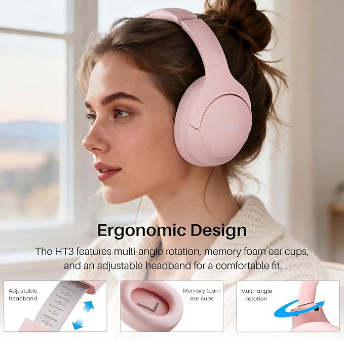 TOZO HT3 Hybrid Noise Cancelling Headphones, 90H Playtime Wireless Over Ear Bluetooth Headset, Spatial Audio AI Chat with 5 Mics, Supports Dual Connection and USB-C Input, with 32 EQ Music Modes