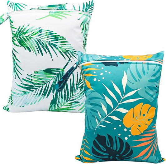 Wet Dry Bag Waterproof Reusable Wet Bag for Swimsuit, Travel, Beach, Pool, Bathing Suit, Diapers, Dirty Yoga Gym Clothes Daycare Organizer One Zippered Pocket (green leaf 2)