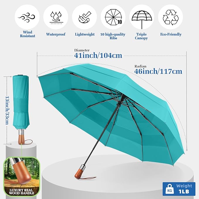 Umbrellas for Rain, 47" Large Windproof Travel Umbrella, Triple-Layer Vented Canopy, 10 Fiberglass Ribs, Auto Open Close Compact Umbrella, Wooden Handle, Heavy Duty for Commute, Gifts for Men & Women